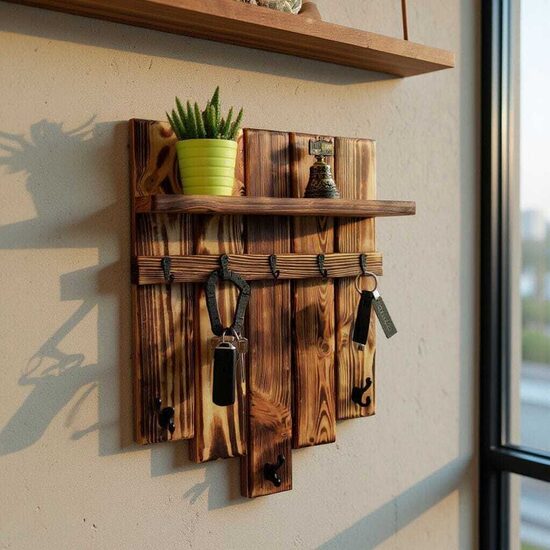 Wooden key holder with shelf, entryway organiser, metal hooks
