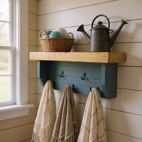 Wooden key holder with shelf, entryway organiser 5 hooks HANDMADE