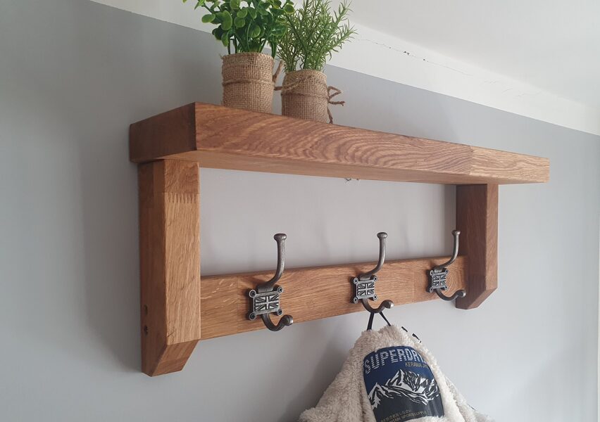  Solid Oak Coat Rack, Oak Hanger, Wooden Hanger With Shelf, Chunky coat rack, Heavy Duty entry way hanger, Cast Iron Hooks, Walnut hanger