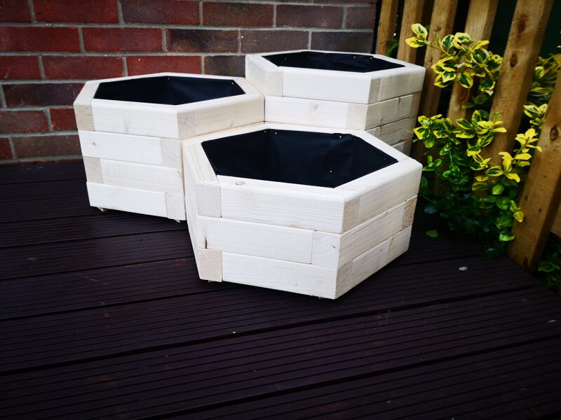 3x Large planters,luxury planter boxes,Wooden hexagon planters,set of 3 heavy duty wooden pots, garden bed planters,