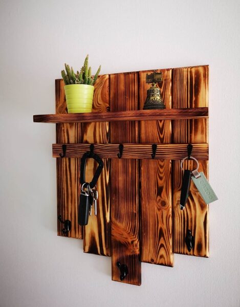 Wooden key holder with shelf, entryway organiser, metal hooks